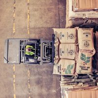 An employee stacking coffee bags on pallets with a forklift