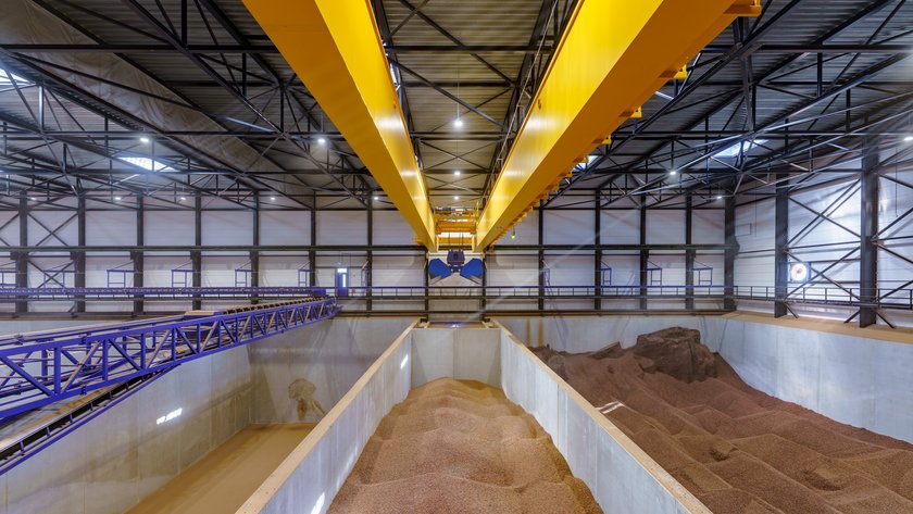 A warehouse from the inside. Three large compartments with cocoa can be seen. They are surrounded by blue and yellow conveyor belts and metal struts. An open blue shovel can be seen above the middle compartment.