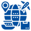A blue pictogram of a globe. In front are a location mark, a plane, a ship and a box. 