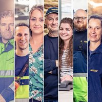 Photos of seven white people, women and men next to each other. They are facing the camera, looking happy.