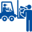 A blue pictogram of a person sitting in a forklift. Another person is standing next to the forklift, seemingly giving the driver instructions.