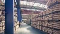 A coffee warehouse from inside. Bags are stored left and right.