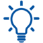 A blue pictogram of a glowing light bulb.