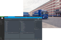 A screen of the menu of V-Interface on top of a photo of a Vollers truck in front of a building