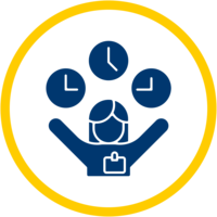 A happy woman with three clocks above her. They all show a different time. She seems happy about the flexibility.