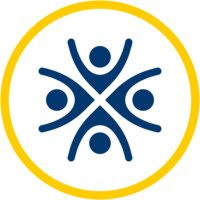 A pictogram of four people cheering. They are arranged at right angles to each other