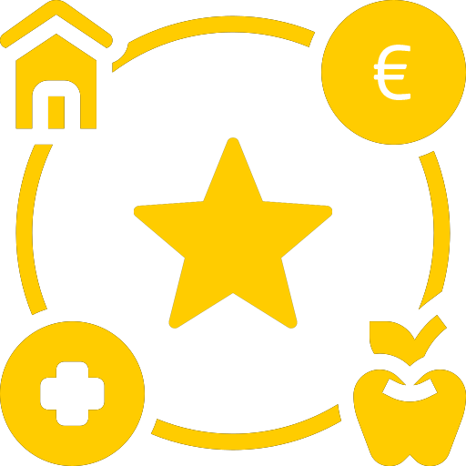 A star surrounded by a house, a money symbol, an apple and an insurance symbol