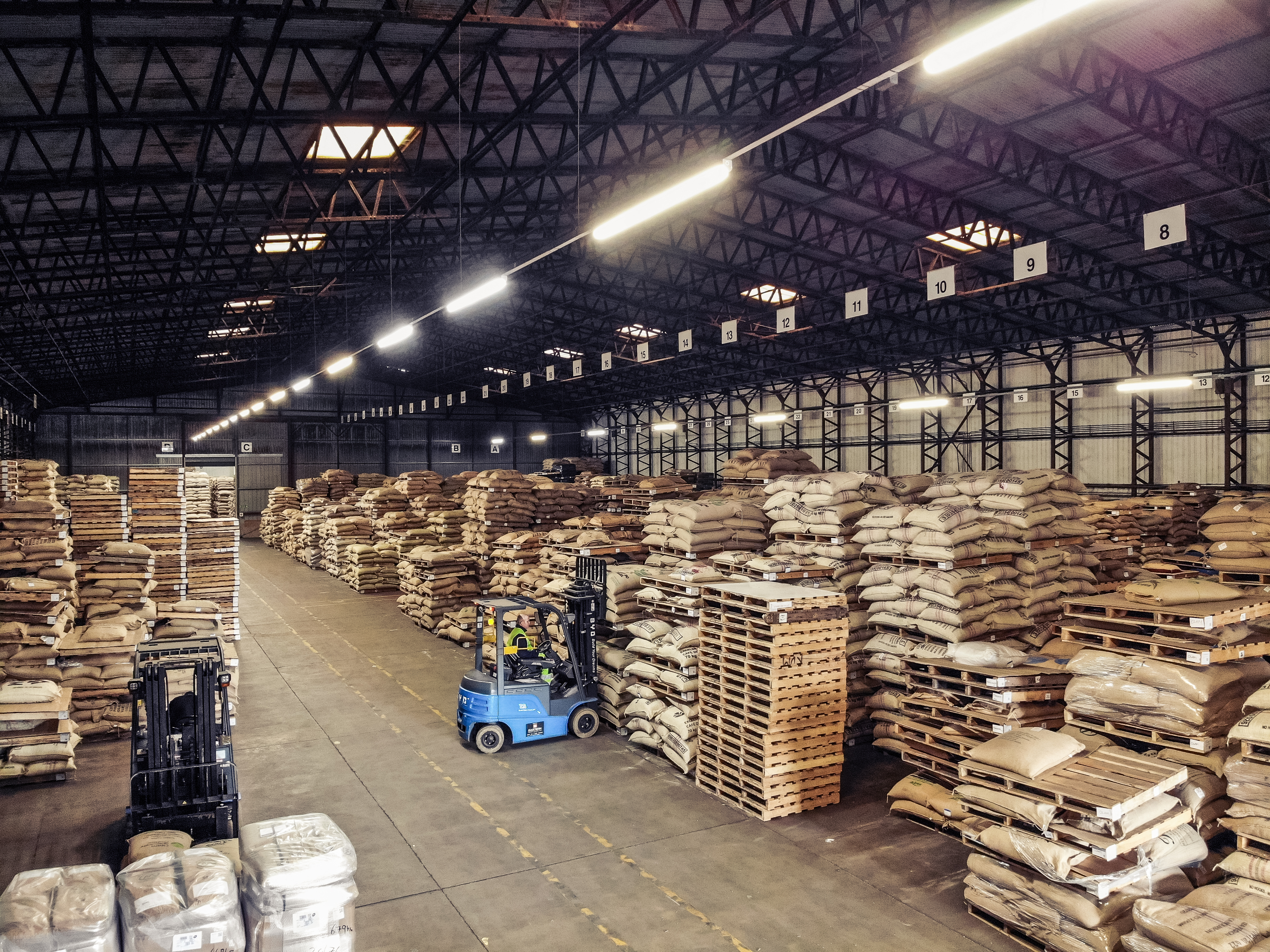 The warehouse in Bury St Edmunds from inside with coffee bags on pallets and a forklift